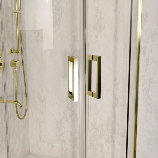 HD Elio Gold 80x80 íves két tolóajtós zuhanykabin fehér slim zuhanytálcával és arany szifonnal, arany elemekkel, 190 cm magas