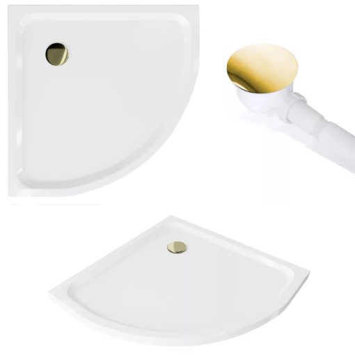 HD Elio Gold 80x80 íves két tolóajtós zuhanykabin fehér slim zuhanytálcával és arany szifonnal, arany elemekkel, 190 cm magas