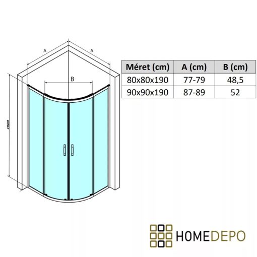 HD Elio Gold 80x80 íves két tolóajtós zuhanykabin fehér slim zuhanytálcával és arany szifonnal, arany elemekkel, 190 cm magas