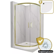 HD Elio Gold 80x80 íves két tolóajtós zuhanykabin fehér magas zuhanytálcával és arany szifonnal, arany elemekkel, 190 cm magas