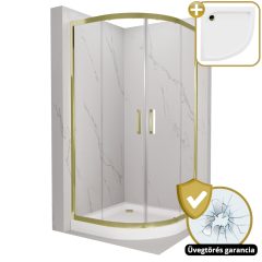  HD Elio Gold 80x80 íves két tolóajtós zuhanykabin fehér magas zuhanytálcával és arany szifonnal, arany elemekkel, 190 cm magas