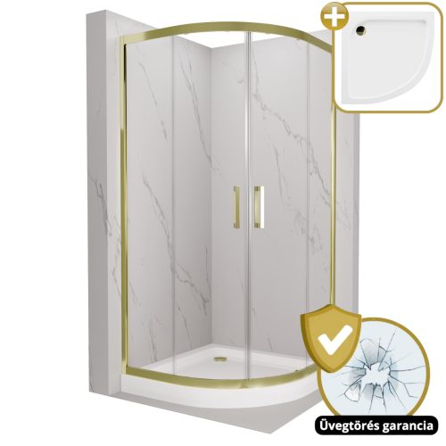 HD Elio Gold 80x80 íves két tolóajtós zuhanykabin fehér magas zuhanytálcával és arany szifonnal, arany elemekkel, 190 cm magas