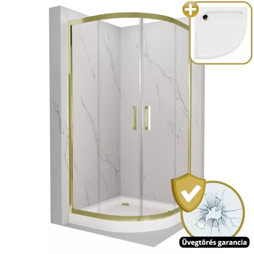 HD Elio Gold 80x80 íves két tolóajtós zuhanykabin fehér magas zuhanytálcával és arany szifonnal, arany elemekkel, 190 cm magas