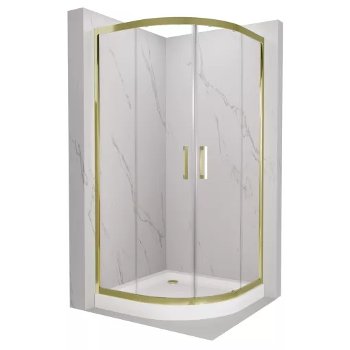 HD Elio Gold 80x80 íves két tolóajtós zuhanykabin fehér magas zuhanytálcával és arany szifonnal, arany elemekkel, 190 cm magas