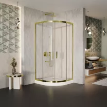 HD Elio Gold 80x80 íves két tolóajtós zuhanykabin fehér magas zuhanytálcával és arany szifonnal, arany elemekkel, 190 cm magas
