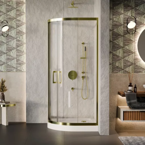 HD Elio Gold 80x80 íves két tolóajtós zuhanykabin fehér magas zuhanytálcával és arany szifonnal, arany elemekkel, 190 cm magas