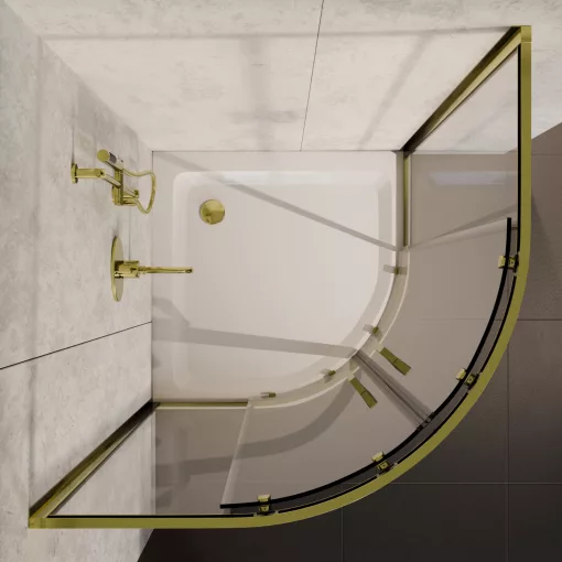 HD Elio Gold 80x80 íves két tolóajtós zuhanykabin fehér magas zuhanytálcával és arany szifonnal, arany elemekkel, 190 cm magas