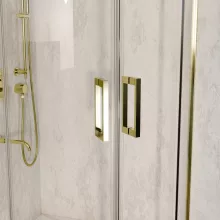 HD Elio Gold 80x80 íves két tolóajtós zuhanykabin fehér magas zuhanytálcával és arany szifonnal, arany elemekkel, 190 cm magas