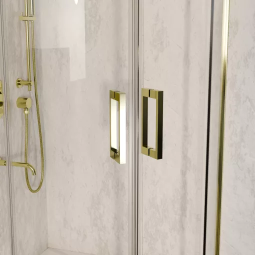 HD Elio Gold 80x80 íves két tolóajtós zuhanykabin fehér magas zuhanytálcával és arany szifonnal, arany elemekkel, 190 cm magas