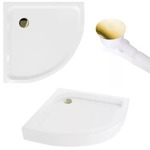 HD Elio Gold 80x80 íves két tolóajtós zuhanykabin fehér magas zuhanytálcával és arany szifonnal, arany elemekkel, 190 cm magas