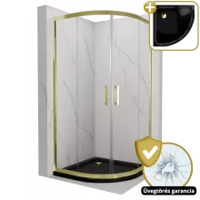 HD Elio Gold 80x80 íves két tolóajtós zuhanykabin fekete slim zuhanytálcával és arany szifonnal, arany elemekkel, 190 cm magas