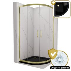   HD Elio Gold 80x80 íves két tolóajtós zuhanykabin fekete slim zuhanytálcával és arany szifonnal, arany elemekkel, 190 cm magas