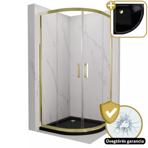 HD Elio Gold 80x80 íves két tolóajtós zuhanykabin fekete slim zuhanytálcával és arany szifonnal, arany elemekkel, 190 cm magas