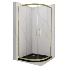HD Elio Gold 80x80 íves két tolóajtós zuhanykabin fekete slim zuhanytálcával és arany szifonnal, arany elemekkel, 190 cm magas