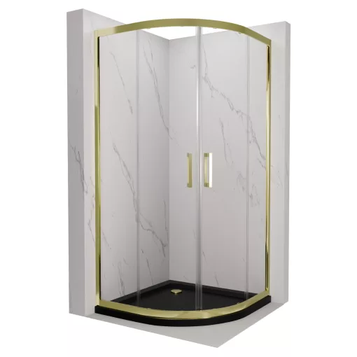 HD Elio Gold 80x80 íves két tolóajtós zuhanykabin fekete slim zuhanytálcával és arany szifonnal, arany elemekkel, 190 cm magas