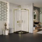 HD Elio Gold 80x80 íves két tolóajtós zuhanykabin fekete slim zuhanytálcával és arany szifonnal, arany elemekkel, 190 cm magas