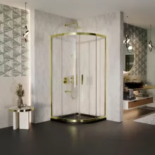 HD Elio Gold 80x80 íves két tolóajtós zuhanykabin fekete slim zuhanytálcával és arany szifonnal, arany elemekkel, 190 cm magas