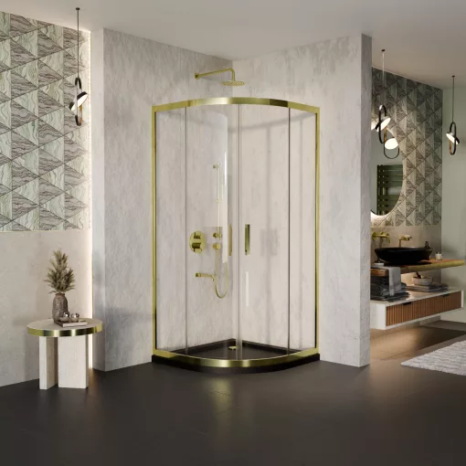 HD Elio Gold 80x80 íves két tolóajtós zuhanykabin fekete slim zuhanytálcával és arany szifonnal, arany elemekkel, 190 cm magas