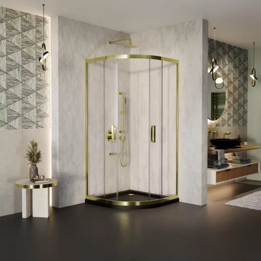 HD Elio Gold 80x80 íves két tolóajtós zuhanykabin fekete slim zuhanytálcával és arany szifonnal, arany elemekkel, 190 cm magas