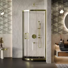 HD Elio Gold 80x80 íves két tolóajtós zuhanykabin fekete slim zuhanytálcával és arany szifonnal, arany elemekkel, 190 cm magas