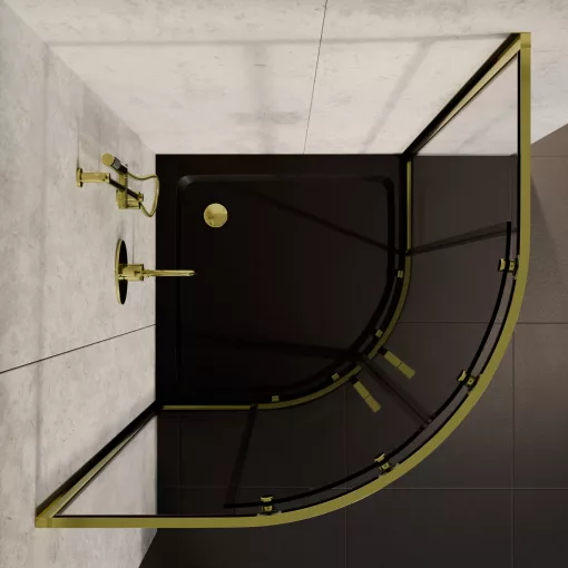 HD Elio Gold 80x80 íves két tolóajtós zuhanykabin fekete slim zuhanytálcával és arany szifonnal, arany elemekkel, 190 cm magas