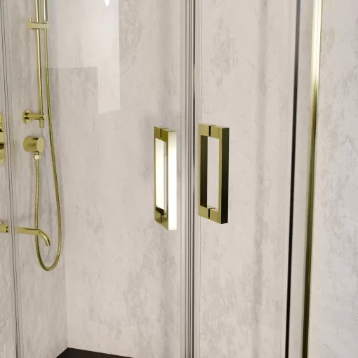 HD Elio Gold 80x80 íves két tolóajtós zuhanykabin fekete slim zuhanytálcával és arany szifonnal, arany elemekkel, 190 cm magas