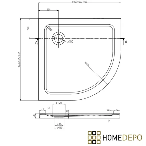 HD Elio Gold 80x80 íves két tolóajtós zuhanykabin fekete slim zuhanytálcával és arany szifonnal, arany elemekkel, 190 cm magas