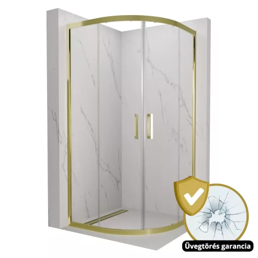 HD Elio Gold 80x80 íves két tolóajtós zuhanykabin 6 mm vastag vízlepergető biztonsági üveggel, arany elemekkel, 190 cm magas