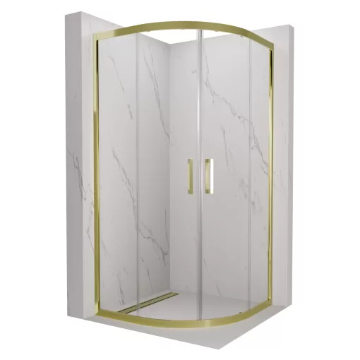 HD Elio Gold 80x80 íves két tolóajtós zuhanykabin 6 mm vastag vízlepergető biztonsági üveggel, arany elemekkel, 190 cm magas