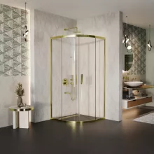 HD Elio Gold 80x80 íves két tolóajtós zuhanykabin 6 mm vastag vízlepergető biztonsági üveggel, arany elemekkel, 190 cm magas