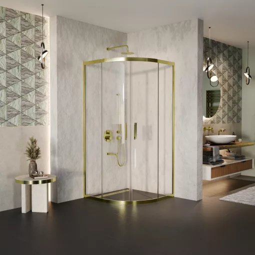 HD Elio Gold 80x80 íves két tolóajtós zuhanykabin 6 mm vastag vízlepergető biztonsági üveggel, arany elemekkel, 190 cm magas