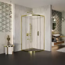 HD Elio Gold 80x80 íves két tolóajtós zuhanykabin 6 mm vastag vízlepergető biztonsági üveggel, arany elemekkel, 190 cm magas