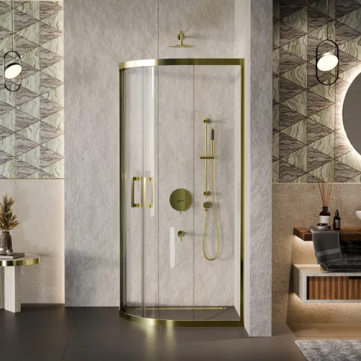 HD Elio Gold 80x80 íves két tolóajtós zuhanykabin 6 mm vastag vízlepergető biztonsági üveggel, arany elemekkel, 190 cm magas