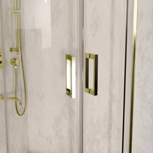 HD Elio Gold 80x80 íves két tolóajtós zuhanykabin 6 mm vastag vízlepergető biztonsági üveggel, arany elemekkel, 190 cm magas