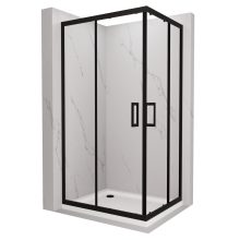 HD Elio Black 100x80 aszimmetrikus szögletes két tolóajtós zuhanykabin fehér slim zuhanytálcával és fekete szifonnal, fekete elemekkel, 190 cm magas
