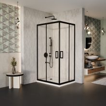 HD Elio Black 100x80 aszimmetrikus szögletes két tolóajtós zuhanykabin fehér slim zuhanytálcával és fekete szifonnal, fekete elemekkel, 190 cm magas