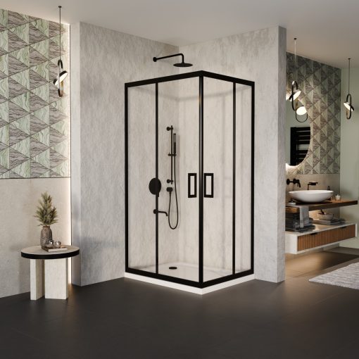 HD Elio Black 100x80 aszimmetrikus szögletes két tolóajtós zuhanykabin fehér slim zuhanytálcával és fekete szifonnal, fekete elemekkel, 190 cm magas