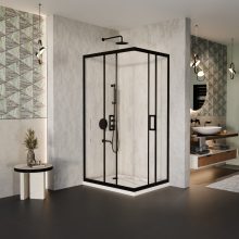 HD Elio Black 100x80 aszimmetrikus szögletes két tolóajtós zuhanykabin fehér slim zuhanytálcával és fekete szifonnal, fekete elemekkel, 190 cm magas