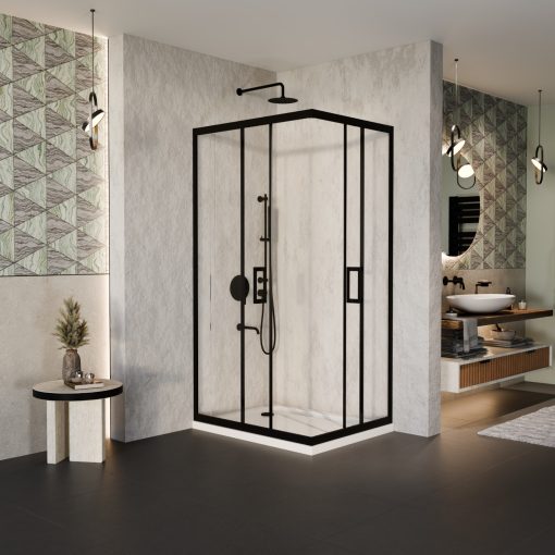 HD Elio Black 100x80 aszimmetrikus szögletes két tolóajtós zuhanykabin fehér slim zuhanytálcával és fekete szifonnal, fekete elemekkel, 190 cm magas