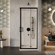 HD Elio Black 100x80 aszimmetrikus szögletes két tolóajtós zuhanykabin fehér slim zuhanytálcával és fekete szifonnal, fekete elemekkel, 190 cm magas