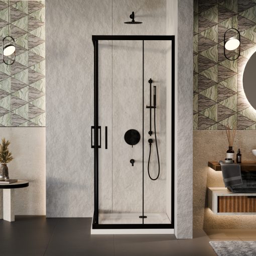 HD Elio Black 100x80 aszimmetrikus szögletes két tolóajtós zuhanykabin fehér slim zuhanytálcával és fekete szifonnal, fekete elemekkel, 190 cm magas