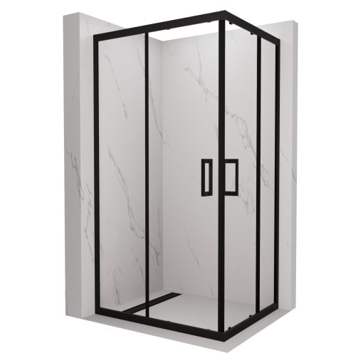 HD Elio Black 100x90 aszimmetrikus szögletes két tolóajtós zuhanykabin 6 mm vastag vízlepergető biztonsági üveggel, fekete elemekkel, 190 cm magas
