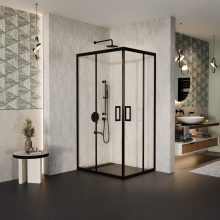 HD Elio Black 100x90 aszimmetrikus szögletes két tolóajtós zuhanykabin 6 mm vastag vízlepergető biztonsági üveggel, fekete elemekkel, 190 cm magas