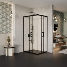 HD Elio Black 100x90 aszimmetrikus szögletes két tolóajtós zuhanykabin 6 mm vastag vízlepergető biztonsági üveggel, fekete elemekkel, 190 cm magas