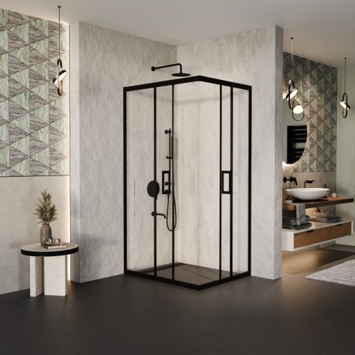 HD Elio Black 100x90 aszimmetrikus szögletes két tolóajtós zuhanykabin 6 mm vastag vízlepergető biztonsági üveggel, fekete elemekkel, 190 cm magas