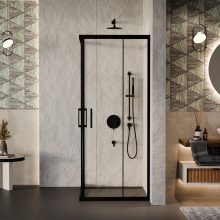HD Elio Black 100x90 aszimmetrikus szögletes két tolóajtós zuhanykabin 6 mm vastag vízlepergető biztonsági üveggel, fekete elemekkel, 190 cm magas