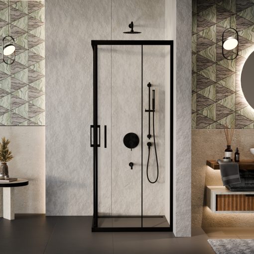 HD Elio Black 100x90 aszimmetrikus szögletes két tolóajtós zuhanykabin 6 mm vastag vízlepergető biztonsági üveggel, fekete elemekkel, 190 cm magas