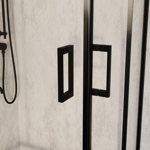 HD Elio Black 100x90 aszimmetrikus szögletes két tolóajtós zuhanykabin 6 mm vastag vízlepergető biztonsági üveggel, fekete elemekkel, 190 cm magas