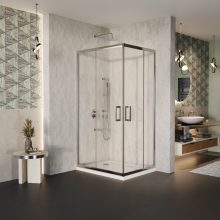 HD Elio 90x100 szögletes két tolóajtós zuhanykabin fehér slim zuhanytálcával és króm szifonnal, krómozott elemekkel, 190 cm magas