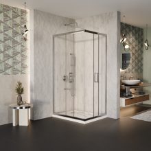 HD Elio 90x100 szögletes két tolóajtós zuhanykabin fehér slim zuhanytálcával és króm szifonnal, krómozott elemekkel, 190 cm magas